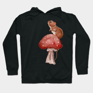 Cute Baby Mouse on Redcap Mushroom Watercolor Hoodie